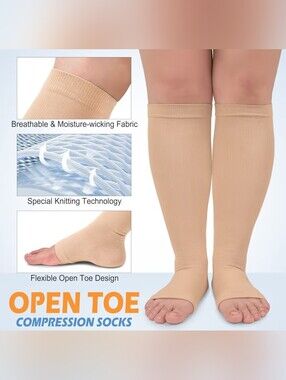 🆕️3X OPEN TOE PLUS SIZE COMPRESSION KNEE HIGH SOCKS - BEIGE 20-30mmHg
